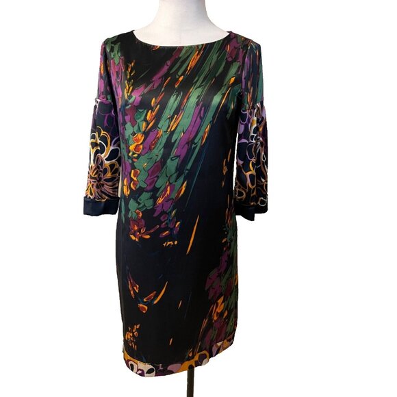 Elie Tahari Dress Black Floral XS Extra Small 0 2 4 3/4 Long Sleeve Stretch Silk - Picture 1 of 11